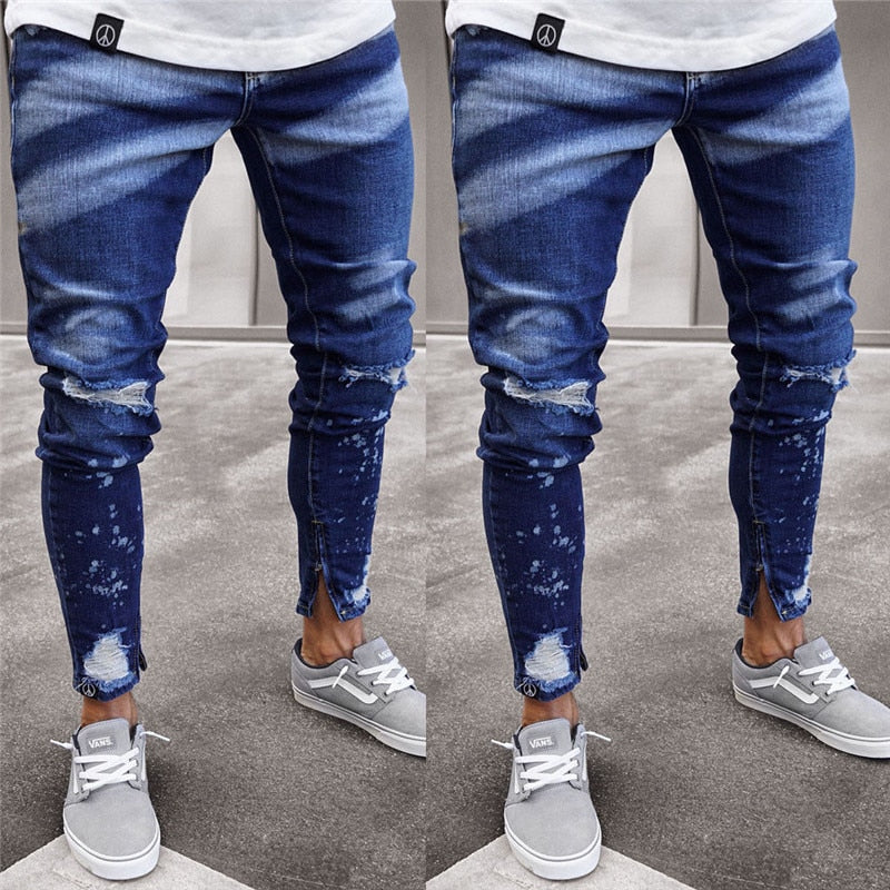 Mens Fashion Dye Skinny Stretch Jeans Distressed Ripped Jeans