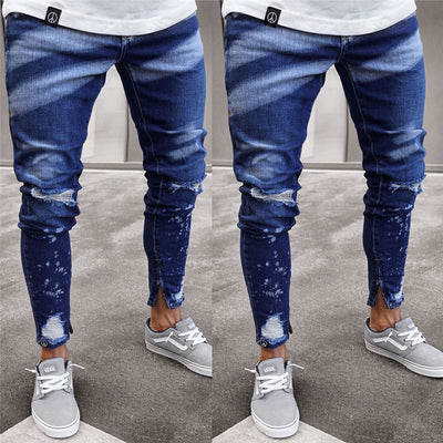 Mens Fashion Dye Skinny Stretch Jeans Distressed Ripped Jeans