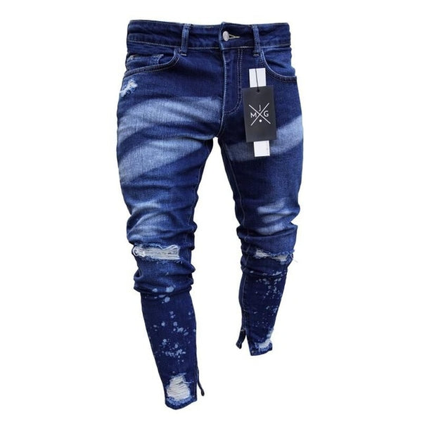 Mens Fashion Dye Skinny Stretch Jeans Distressed Ripped Jeans