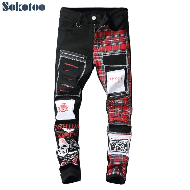 Sokotoo Men's skull printed Scottish plaid patchwork jeans
