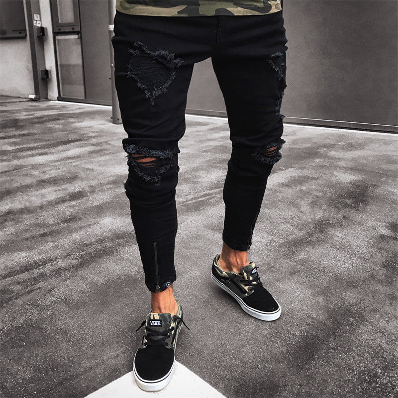Mens Cool Designer Brand Black Jeans Skinny Ripped Destroyed