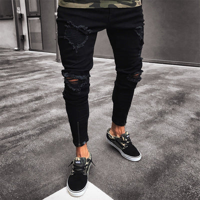Mens Cool Designer Brand Black Jeans Skinny Ripped Destroyed