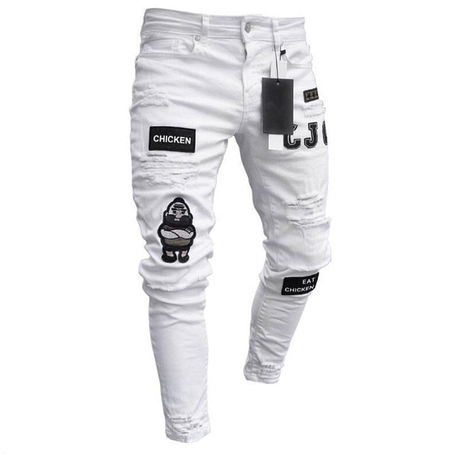 3 Styles Men Stretchy Ripped Skinny Biker Embroidery Print Jeans