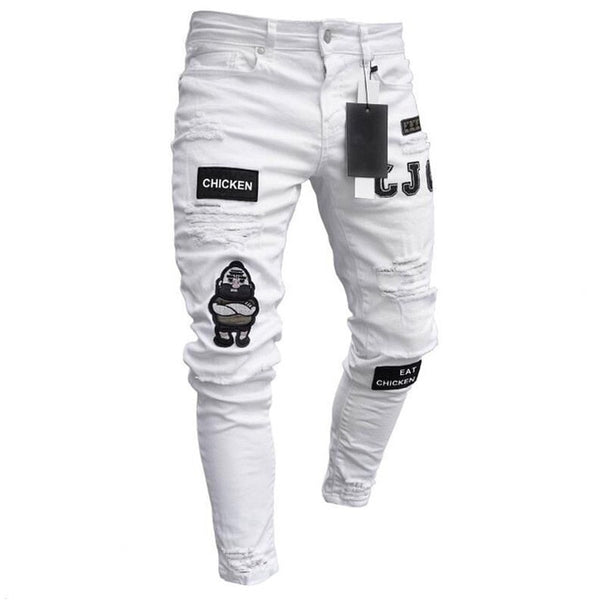 3 Styles Men Stretchy Ripped Skinny Biker Embroidery Print Jeans