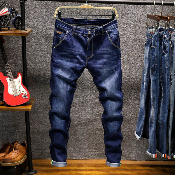 Spring New Men's Elastic Cotton Stretch Jeans Pants Loose Fit Denim