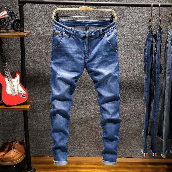 Spring New Men's Elastic Cotton Stretch Jeans Pants Loose Fit Denim