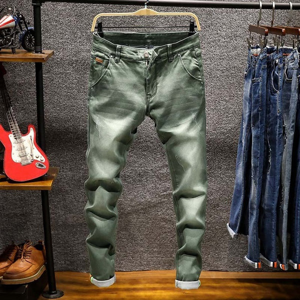 Spring New Men's Elastic Cotton Stretch Jeans Pants Loose Fit Denim